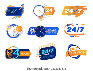 24/7 Service Icons Set. Buttons, Tags or Stickers with Clocks and Typography. Labels for Posters and Banners Design. All-time Maintenance Noctidial Customer Support and Assistance Vector Illustration