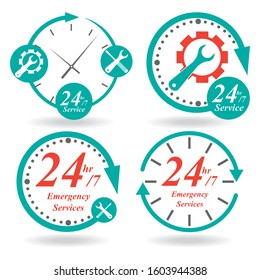 24/7 Service Icons Set. Buttons, Tags or Stickers with Clocks and Typography. Labels for Posters and Banners Design. All-time Maintenance Noctidial Customer Support and Assistance Vector Illustration