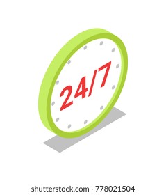 24/7 service. Isometric clock icon isolated on white background. Open 24/7 or round-the-clock sign vector illustration
