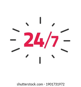 24-7 service label vector, 24 hours by 7 days a week open working time badge tag, concept of support sticker business hours 