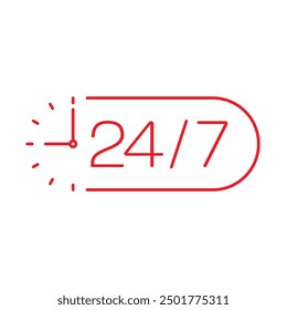 Logotipo de servicio 24-7 sobre fondo blanco. concepto rojo 24-7. medio reloj analógico y 24-7. 24 horas y 7 días