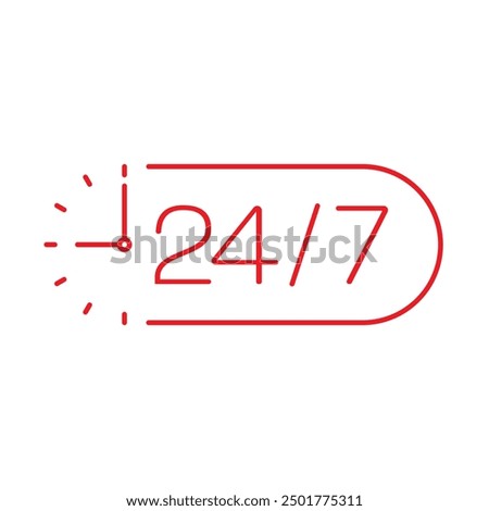 24-7 service logo on white background. red 24-7 concept. half analog clock and 24-7. 24 hours and 7 days