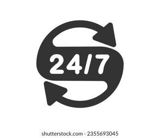 247 Service open 24 h hours a day and 7 days a week icon. Shop support logo symbol sign button. Vector illustrator image. Isolated on white background.	
