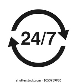24/7 Service open 24h hours a day and 7 days a week. Flat isolated vector illustration in black on a white background.
