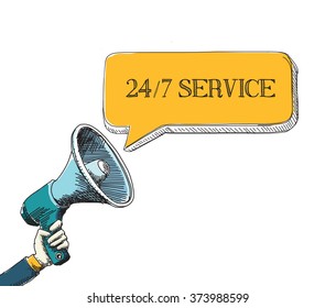 24/7 SERVICE in speech bubble with sketch drawing style