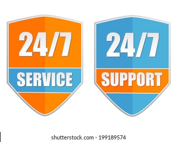 24/7 service and support, two orange blue labels, flat design, business attendance concept, vector