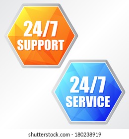 24/7 service, two colors hexagons labels, flat design, business support concept, vector