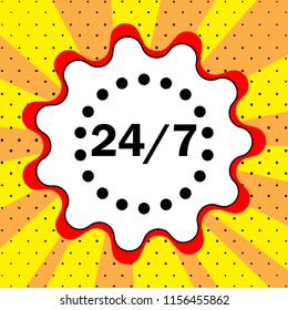 24/7 sign. Black icon in the bubble on a yellow background pop art. Vector.
