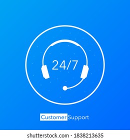 24/7 support in abstract style on white background. Customer service. Online support call center. Flat vector. Logo vector.