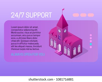 24/7 support concept. Web page header design with isometric element.