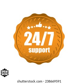 24/7 support gold icon, label, symbol, button with thumb up and star design. Vector illustration.