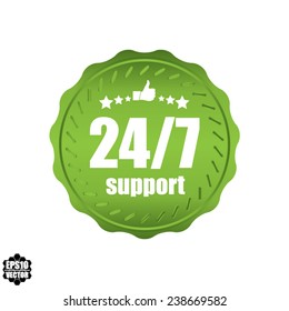 24/7 support  green icon, label, symbol, button with thumb up and star design. Vector illustration.
