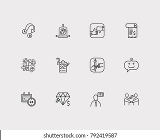 24/7 and support icon line set with export, teamwork and client. Set of support icons including gesture for web app logo UI design.