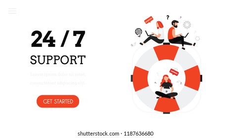 24/7 Support. Landing page template. Modern flat design concept of web page design with lifebuoy and people. Help and assistance. Online technical support center. 