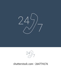 24/7 support and service for customers button. Modern material flat design, thin line icon. 24 hours, 7 days symbol. Eps10 vector illustration.