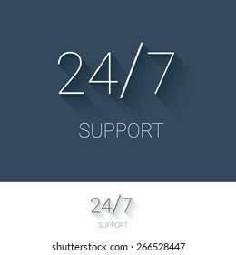 24/7 support and service for customers button. Modern material flat design, thin line icon. 24 hours, 7 days symbol. Eps10 vector illustration.
