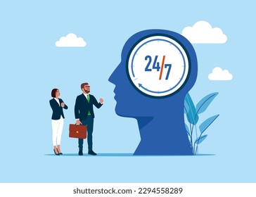 24-7 Support Service, innerhalb eines Gehirns. Offene Zeit, Arbeitszeit, Lieferkonzept.Moderne Vektorgrafik im Flachstil