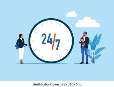 24-7 support service,  working hours. Open time. Success long term investment. Business people standing with clock. Flat vector illustration