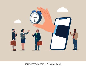 Servicio de soporte las 24 horas, horario de trabajo. Empresarios de pie con reloj. Ilustración vectorial moderna en estilo plano