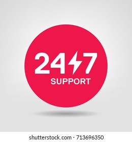 24/7 Support Vector Icon. 24h Online Service Red Circle Design Element. Vector Sticker of online 24/7 support service, can be used in logo, UI and web design symbol.