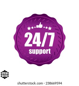 24/7 support violet icon, label, symbol, button with thumb up and star design. Vector illustration.