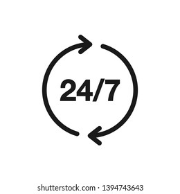 24/7 sync icon isolated on white background. 24/7 service asistance vector illustration. Synchronization symbol. 24/7 Renovation assistance.