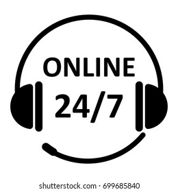 24/7 time icon. 24 hours online support service icon with headphone isolated on white background. EPS10 vector illustration for web application, design, banner, template, poster. 