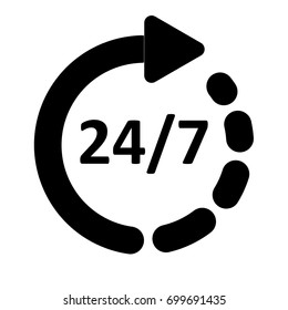 24/7 time icon with arrow isolated on white background. 24 hours 7 days symbol for web, application, business design, template, call center service, poster, infographic, banner. Vector illustration.