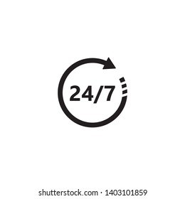 24/7 times icon vector. 24/7 sign open around the clock symbol. Flat design style on white background.