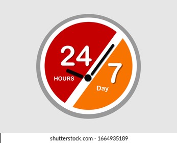 24/7 timing symbol, 24 hours a day and 7 days a week icon isolated on white and gray background.
