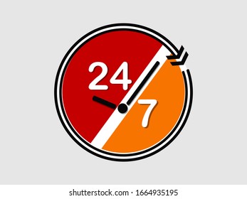 24/7 timing symbol, 24 hours a day and 7 days a week icon isolated on white and gray background.