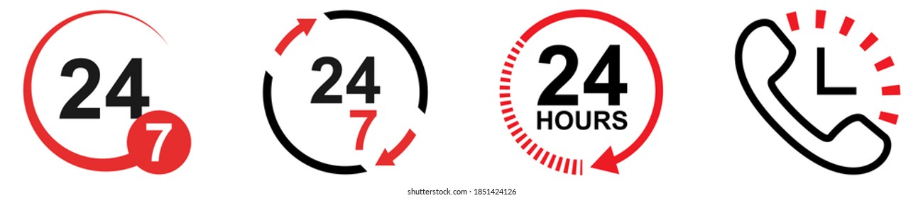 24/7 work hours set. Isolated 24 7 symbol on white background. Phone icon with clock sign. Open hours in a week. Customer support service. Twenty four seven vector illustration. EPS 10