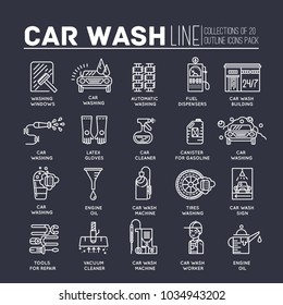 24/7 working car wash with different equipment tool concept.  Flat car wash service building place. Vector illustration design 