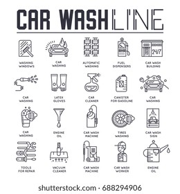 24/7 working car wash with different equipment tool concept.  Flat car wash service building place. Vector illustration design icon.