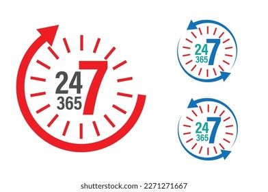  24-7-365, seven, twenty four, three sixty five vector icon.  24  hour service abstract