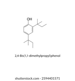2,4-Bis(1,1-dimethylpropyl)- phenol skeletal structure .Phenol compound schematic illustration. Simple diagram, chemical formula.