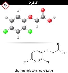 2,4-D chemical structure, 2,4- dichlorophenoxyacetic acid, widely used herbicide, agent Orange in Vietnam, 3d chemical vector illustration, isolated on white background, eps 10