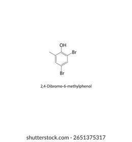 Estrutura esquelética de 2,4-dibromo-6-metilfenol Ilustração esquemática do composto de fenol halogenado. Diagrama simples, fórmula química.