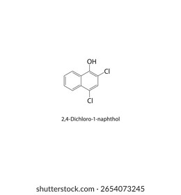 Estructura esquelética de 2,4-dicloro-1-naftol. ilustración esquemática del compuesto de naftol halógeno. Diagrama simple, fórmula química.