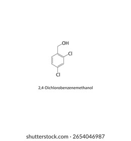 2,4-Dichlorobenzenemethanol skeletal structure. halogen alcohol compound schematic illustration. Simple diagram, chemical formula.