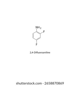 2,4-Difluoroanilina estrutura esquelética. Ilustração esquemática do composto de fluoroanilina. Diagrama simples, fórmula química.