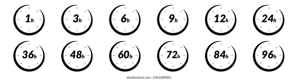 24 Stunden und 48 Stunden schnelle Lieferzeit Symbol. Uhren mit 12 und 6 Stunden, zum Verkauf und schnelle Lieferung Logo. Stellt 24, 36 und 72 Stunden dar. Flache Vektorgrafiken einzeln auf Hintergrund.