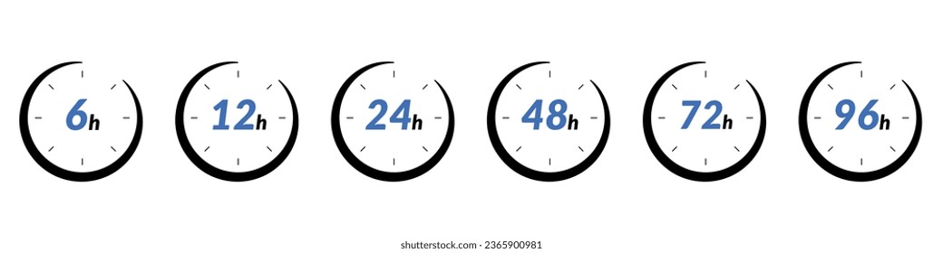 24 Stunden und 48 Stunden schnelle Lieferzeit Symbol. Uhren mit 12 und 6 Stunden, zum Verkauf und schnelle Lieferung Logo. Stellt 24, 36 und 72 Stunden dar. Flache Vektorgrafiken einzeln auf Hintergrund.