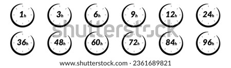 24h and 48h fast delivery time icon. Clock showing 12 and 6 hours, for sale and fast delivery logo. Represents 24, 36, and 72 hrs. Flat vector illustrations isolated in background.