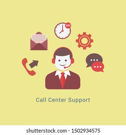 24h all the time customer support center via phone mail operator service icons concept vector illustration