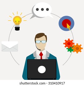 24h all the time customer support center via phone mail operator service icons concept vector illustration