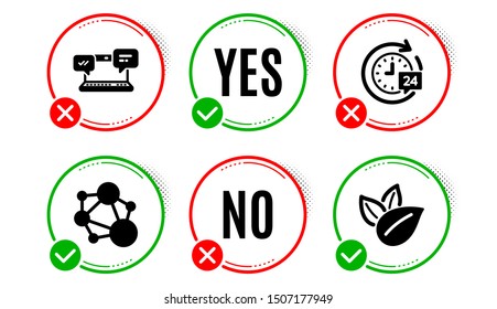 24h delivery, Internet chat and Integrity icons simple set. Yes no check box. Organic product sign. Stopwatch, Online communication, Social network. Leaves. Technology set. 24h delivery icon. Vector