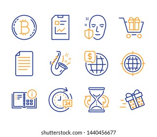 24h delivery, Seo internet and Face protection icons simple set. Report document, Bitcoin and World money signs. Jazz, Hourglass and File symbols. Line 24h delivery icon. Colorful set. Editable stroke