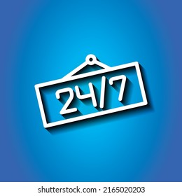 24h hours a day and 7 days a week icon vector. Flat design. White icon with shadow on blue background.ai