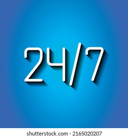 24h hours a day and 7 days a week simple icon, vector. Flat design. White icon with shadow on blue background.ai